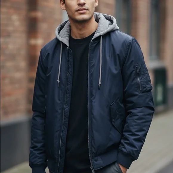 Hollister Dark Blue Bomber Jacket with Gray Accents